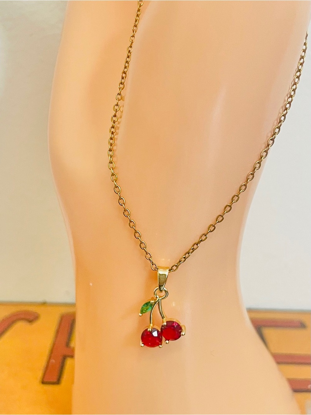 Gold Plated Cherry Dainty Pendant Necklace Red Green Gold NWOT